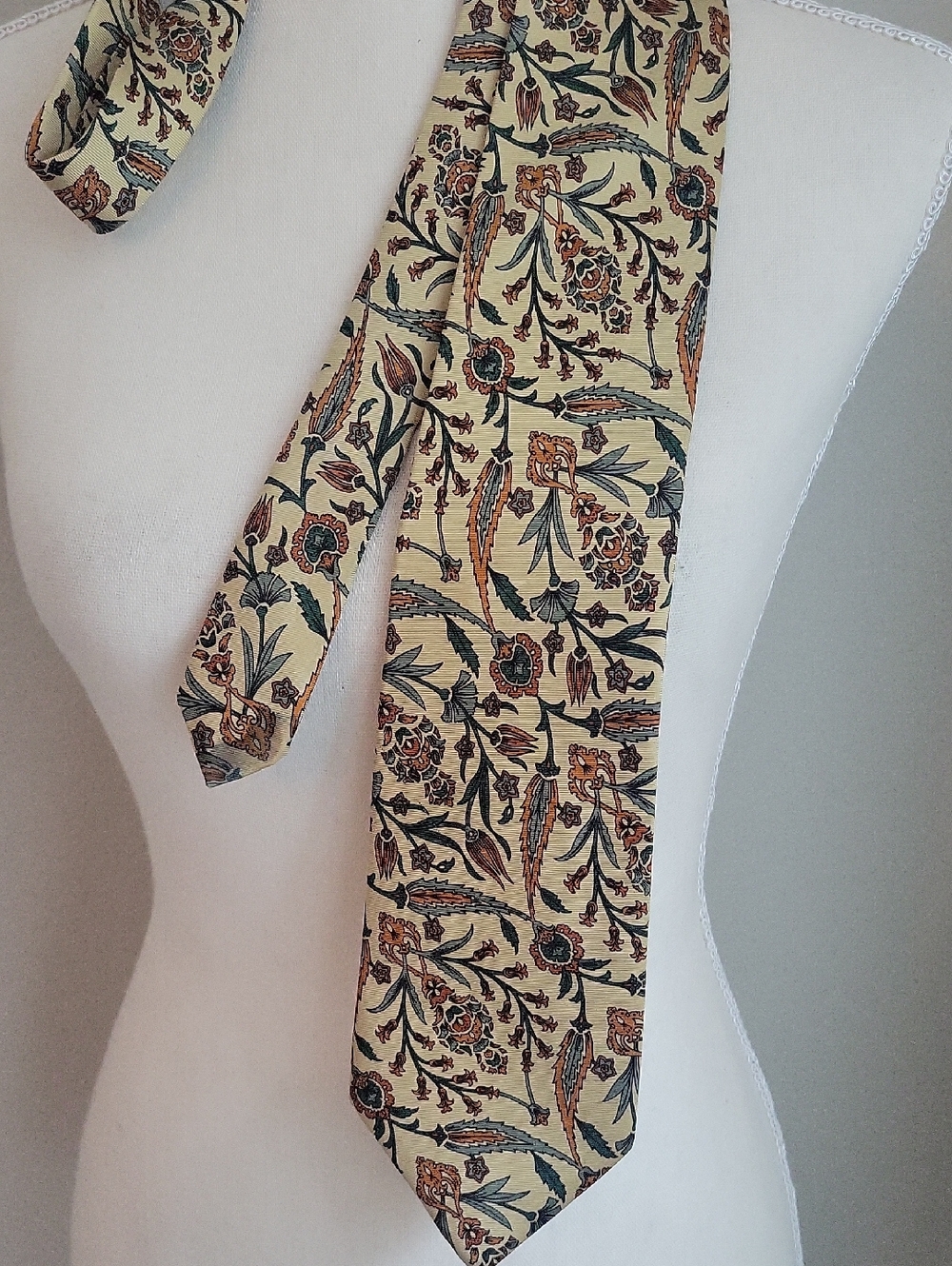 Vintage Fendi Cream Silk Tie with Green Vine and Rust Floral Print